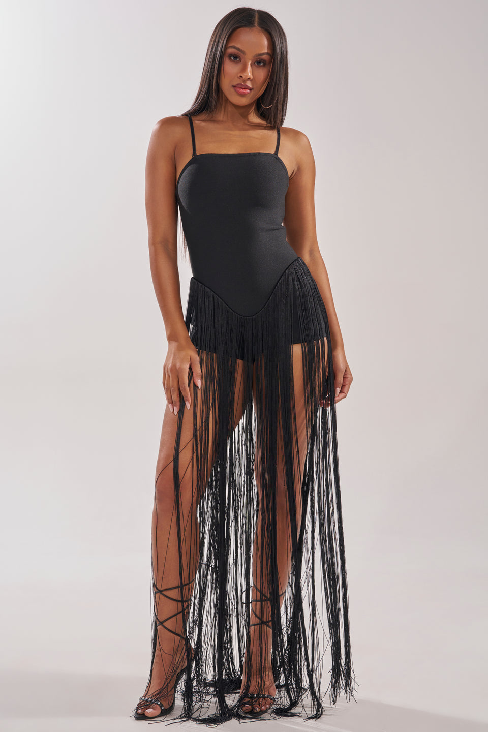 AKIRA Try Me Strapless Fringe Maxi Dress | Black