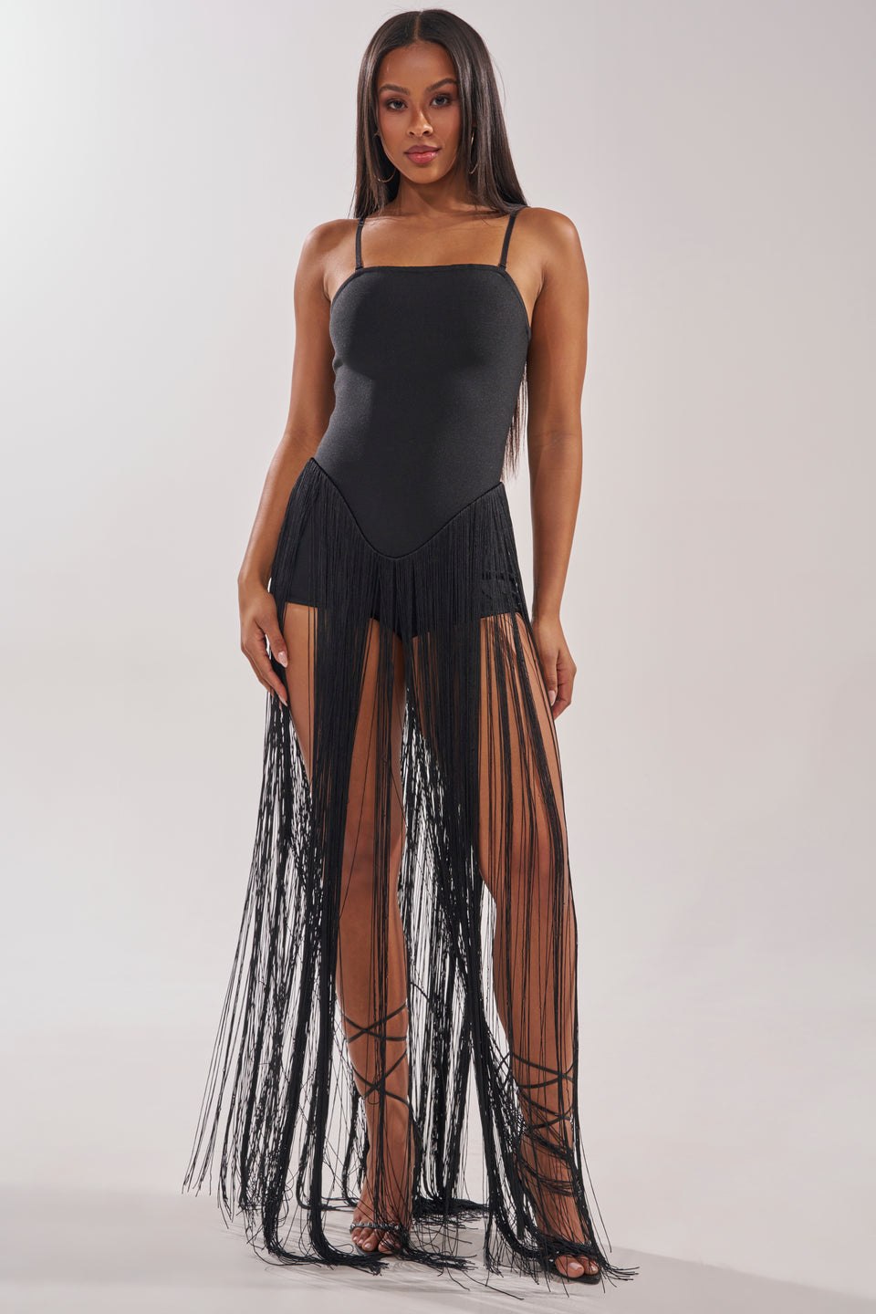 black fringe maxi dress AKIRA Try Me Strapless Fringe Maxi Dress | Black