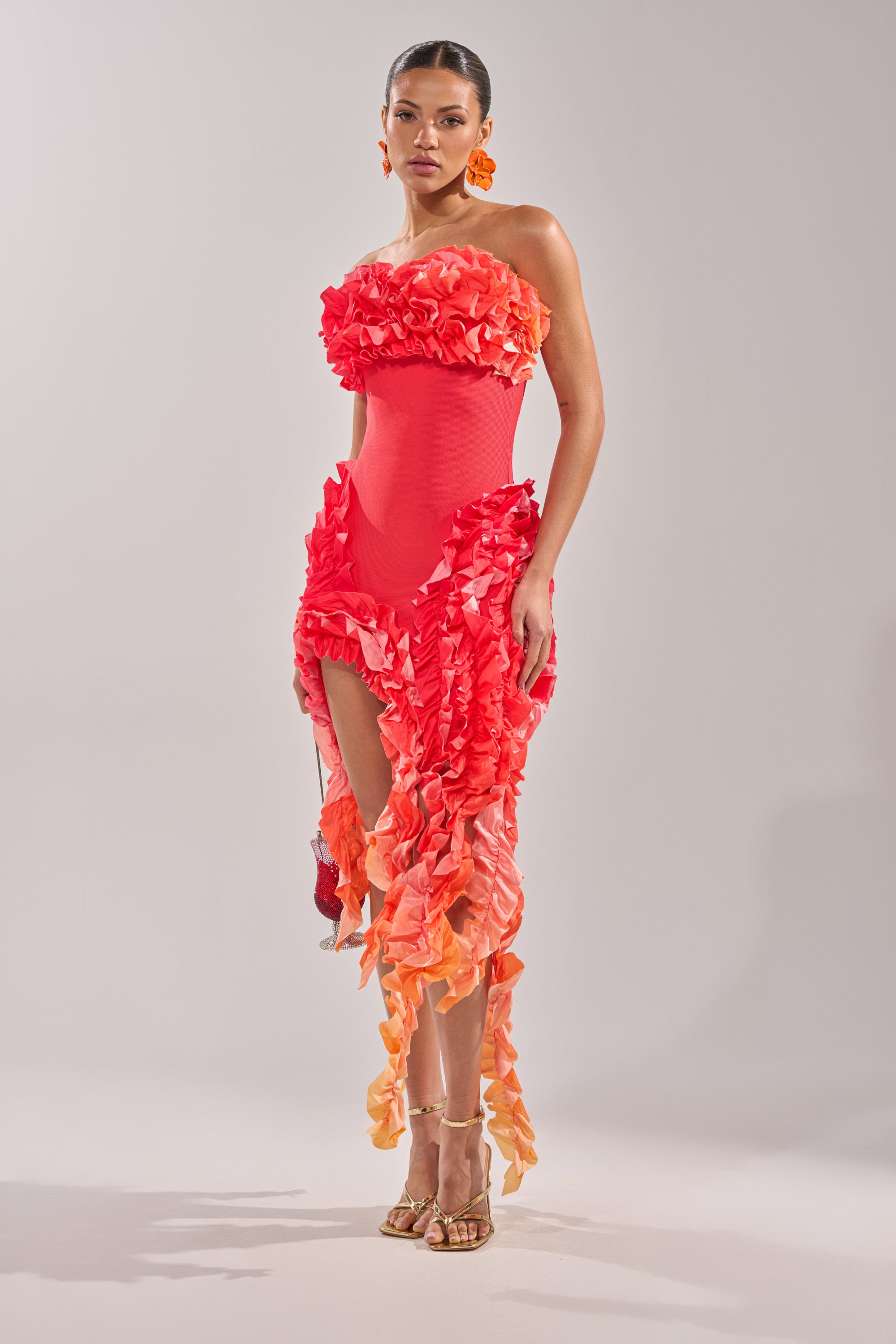 CITY LIGHTS RUFFLE MAXI DRESS IN RED OMBRE – AKIRA