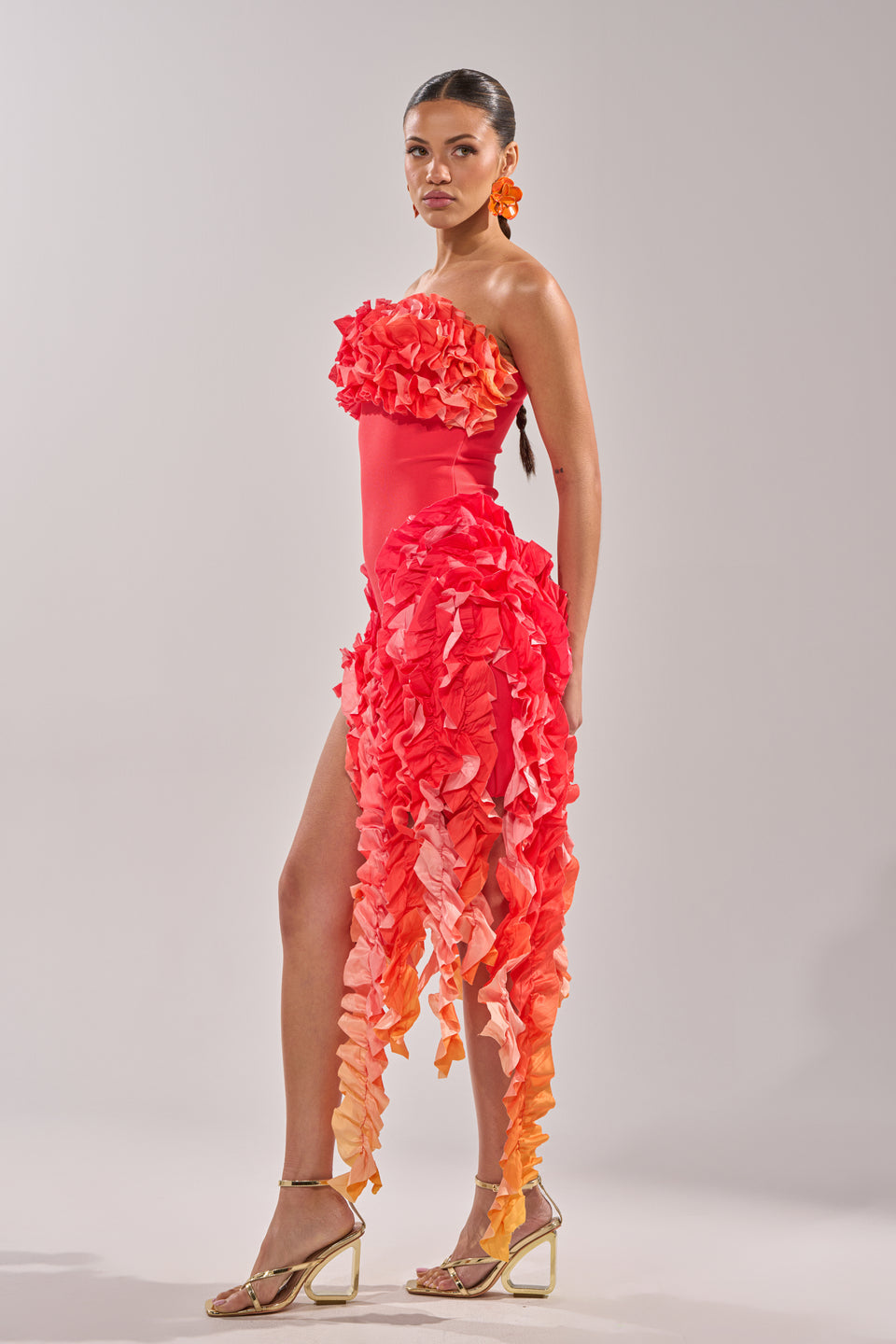 AKIRA City Lights Ruffle Maxi Dress Ombre | Red