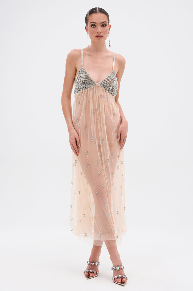 knee length dresses for ladies bebe Off Shoulder Mesh Midi Dress Embellished With Crystals by Swarovski