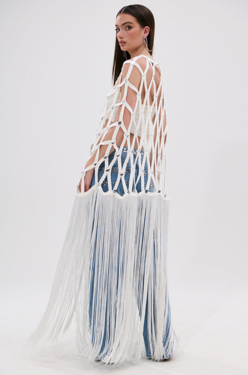 WHITE ZELINA FRINGE EMBELLISHED LONG CARDIGAN – AKIRA