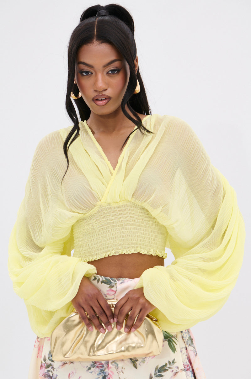 A woman poses against a plain backdrop wearing the sheer Lemon Yellow Divine Right Long Sleeve Blouse Top, paired with a floral skirt. She holds a metallic gold clutch and styles her long dark hair in a high ponytail.