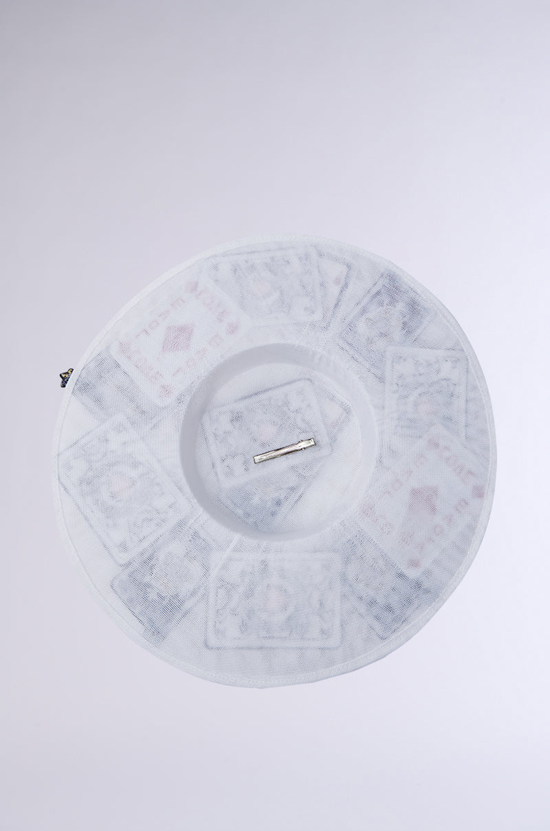 The POKER FACE CLIP ON HAT is a round, sheer white clip-on hat with playing card patches on the brim and a metal clip at the center. It is shown from above against a plain off-white background, enhancing its unique design.