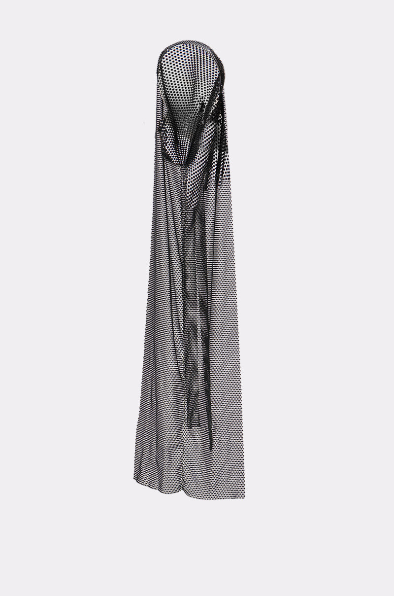 The sheer black mesh cape with a circular collar hangs vertically against a white background, its lightweight fabric draping elegantly. Pairs perfectly with the ONLY THE ELITE RHINESTONE NET DURAG for an effortlessly chic, semi-transparent look. 5