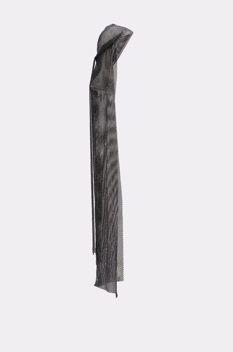 The ONLY THE ELITE RHINESTONE NET DURAG features a sheer black mesh with rhinestones and a long, flowing veil, elegantly draped against a plain light gray background.
