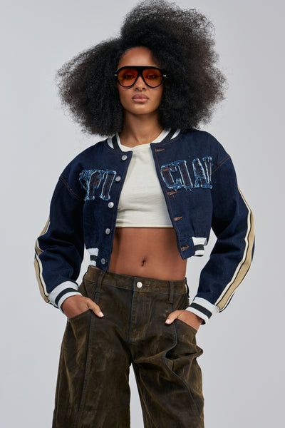 アイケーイー #012 BOMBER DENIM JACKET size1 Denim Bomber Jacket, Cropped and Knit Trim | AKIRA