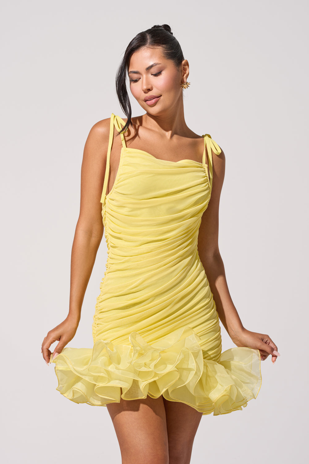 light yellow dress mini AKIRA Princess Peplum Mini Dress In Yellow