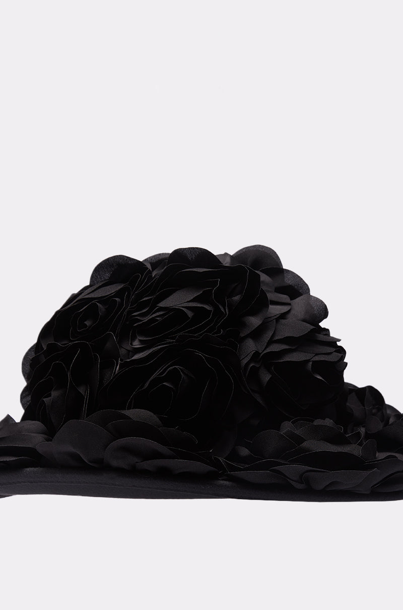 A close-up of the DARK ROSE FLORAL COWBOY HAT, featuring large, layered fabric flowers and intricate 3D floral details, set against a plain white background. 5