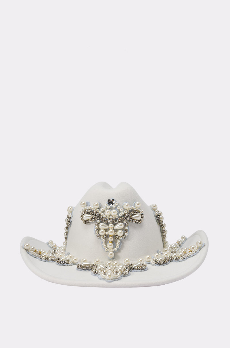 The BOUJEE PEARL COWBOY HAT features dazzling rhinestones and silver accents in elaborate patterns on the crown and brim, shown against a plain light background—the ultimate western festival accessory.
