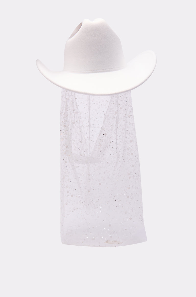 The IM THE QUEEN COWBOY HAT is a white Queen-style cowboy hat featuring a sheer, sparkly mesh veil draping from the brim, shown against a plain light background. 4