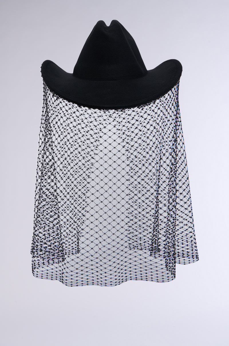 The I SEE WHAT I NEED COWBOY HAT features a faux suede design and is elegantly adorned with a black fishnet veil that drapes over the brim. Rhinestone detailing adds an extra touch of sparkle. The hat and veil are showcased against a plain, light gray background.