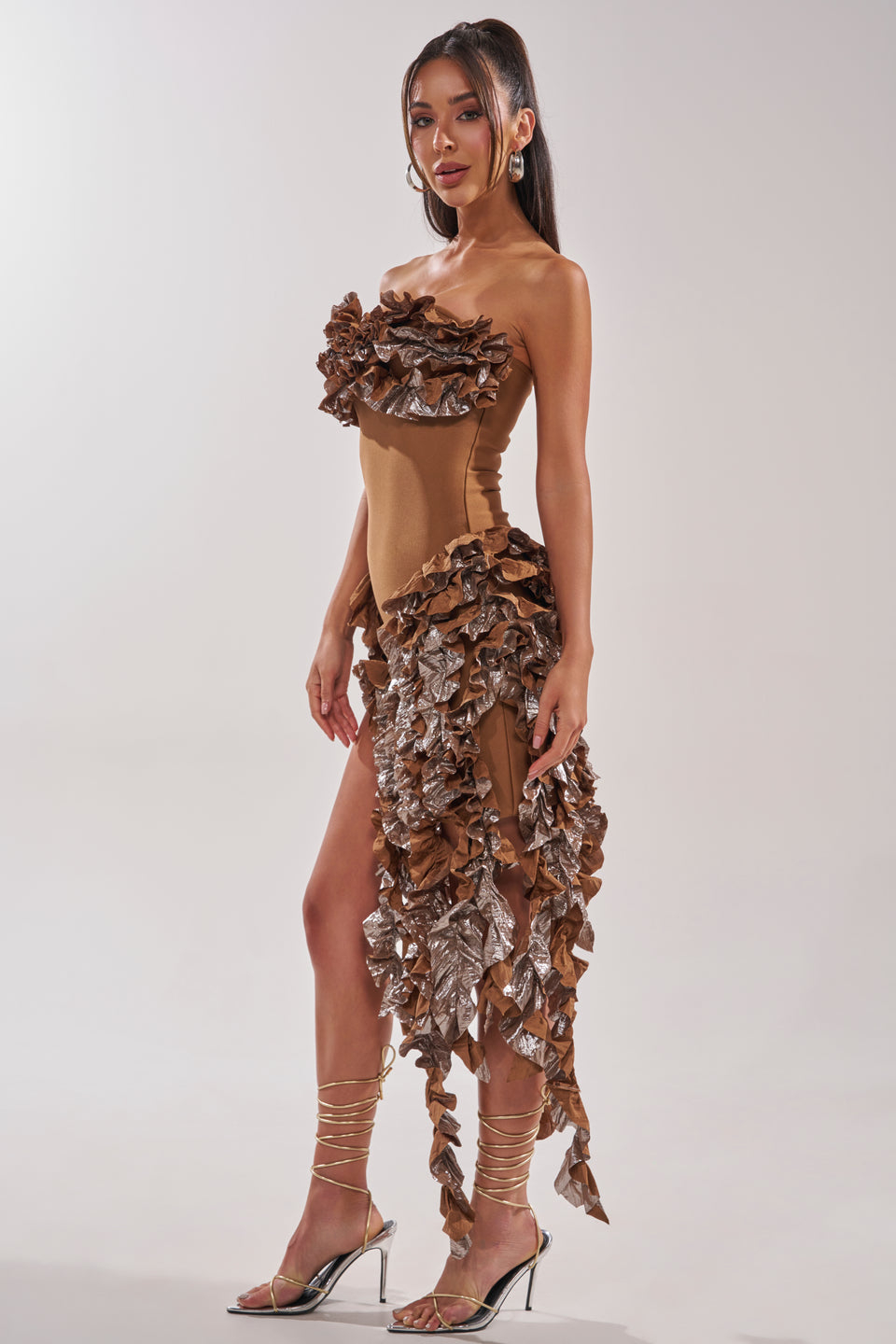 AKIRA City Lights Ruffle Midi Dress In Bronze | Brown