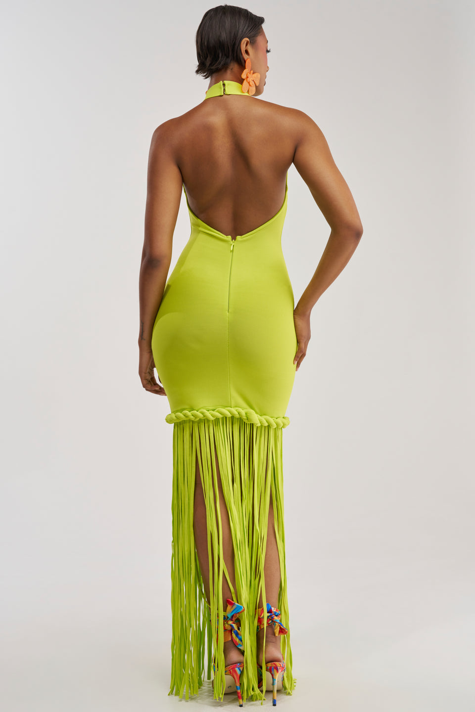 lime green halter neck dress Sabrina from shoulder to hem Women's Dresses Cut Out Tie