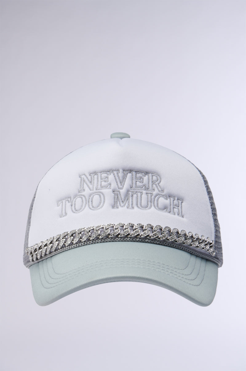 The AND THATS THAT TRUCKER HAT is a light-colored cap featuring the phrase "NEVER TOO MUCH" embroidered on the front. It includes a woven chain detail along the brim and mesh paneling designed for breathability, while an adjustable snapback closure provides a perfect fit. The background transitions smoothly from white to light gray.