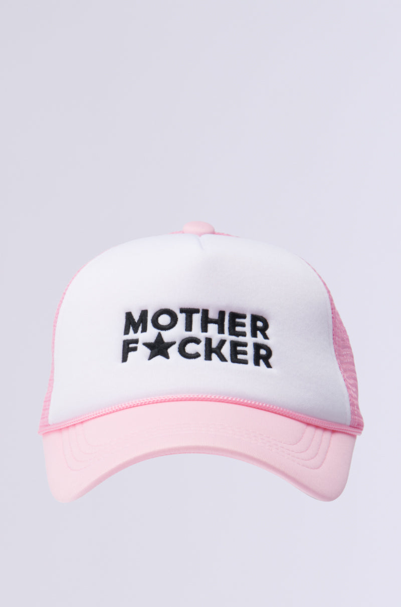 The MOTHER TRUCKER HAT IN PINK is a stylish pink and white trucker hat featuring a black embroidered design that reads "MOTHERF*CKER," with an asterisk replacing the 'U'. This cap includes a mesh back, curved brim, and an adjustable snapback closure for an ideal fit.