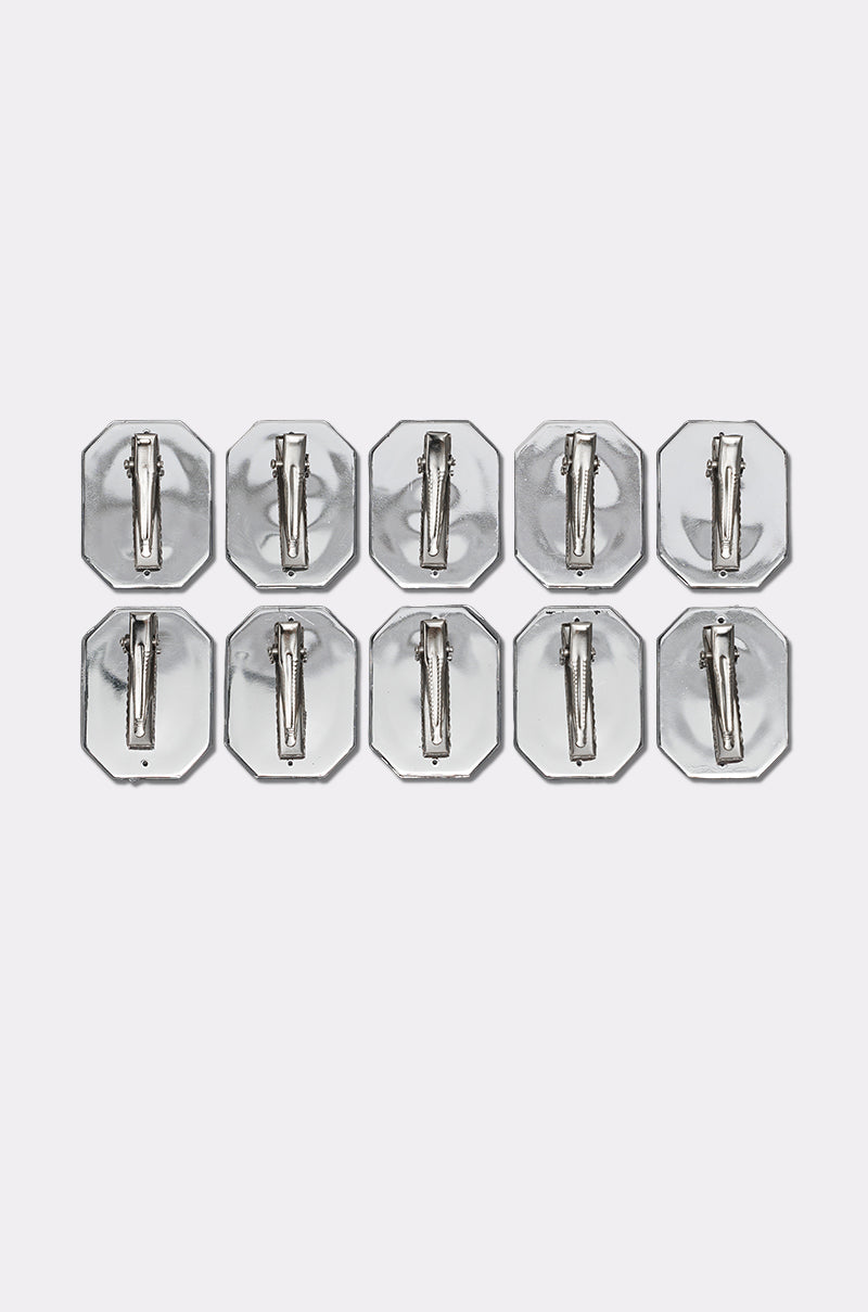 Ten octagonal silver DIAMONDS DANCING HAIR CLIP SET pins with clasps, barrette-style, are arranged in two rows of five on a plain white background. 5