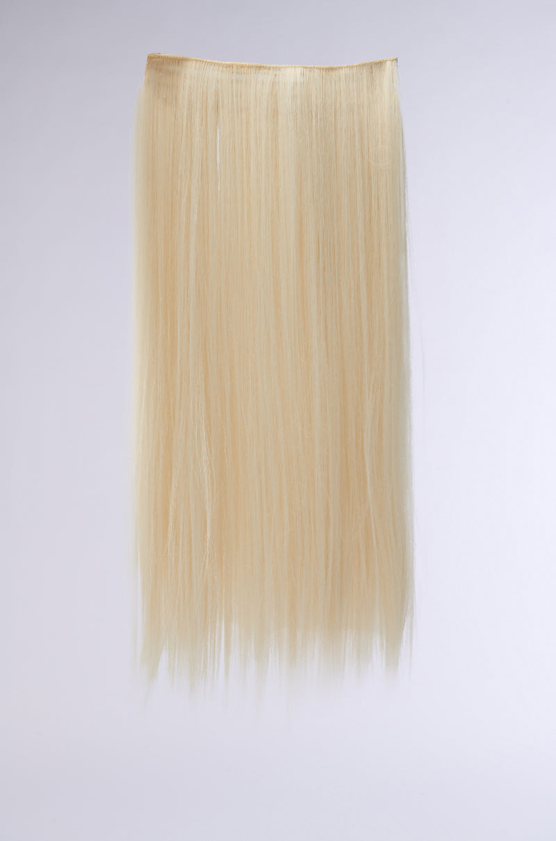 A section of long, straight extensions in platinum blonde against a light gray background with a silky texture and even color throughout, reflecting the elegance of the NOT FOR THE WEAK SYNTHETIC HAIR BROOCH.