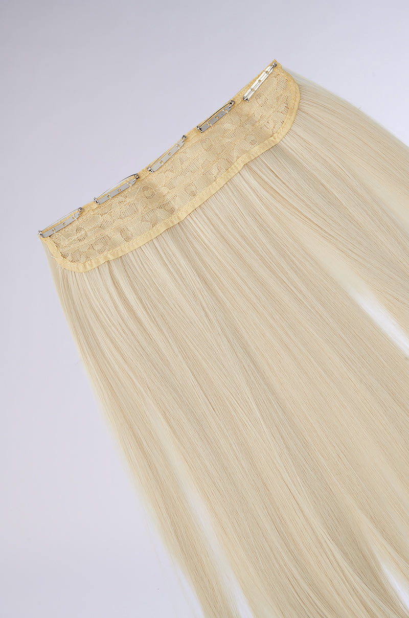 A set of NOT FOR THE WEAK SYNTHETIC HAIR BROOCH in platinum blonde with a lace band showcased on a light background, featuring straight and flat extensions that highlight their smooth texture and even length.