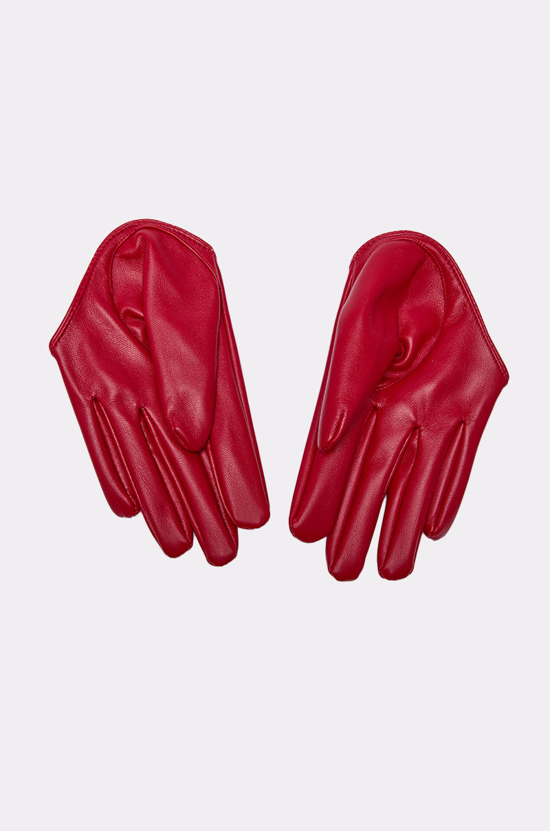A pair of RED ROOM PU GLOVES are shown side by side on a plain white background with their palms facing upward. 2