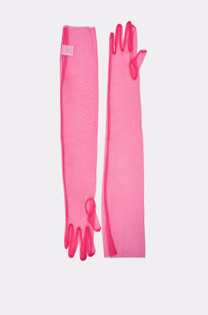 A pair of DOLL MESH GLOVES in sheer pink mesh with a subtle texture, displayed flat side by side on a plain light background. 2