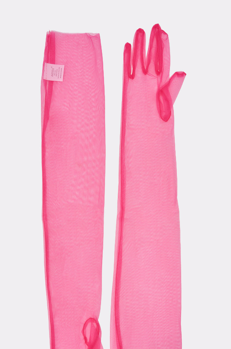 The DOLL MESH GLOVES are long, sheer pink mesh gloves that reach the upper arm. One glove shows the palm side, the other shows the back, and both feature a label inside the wrist area. 3