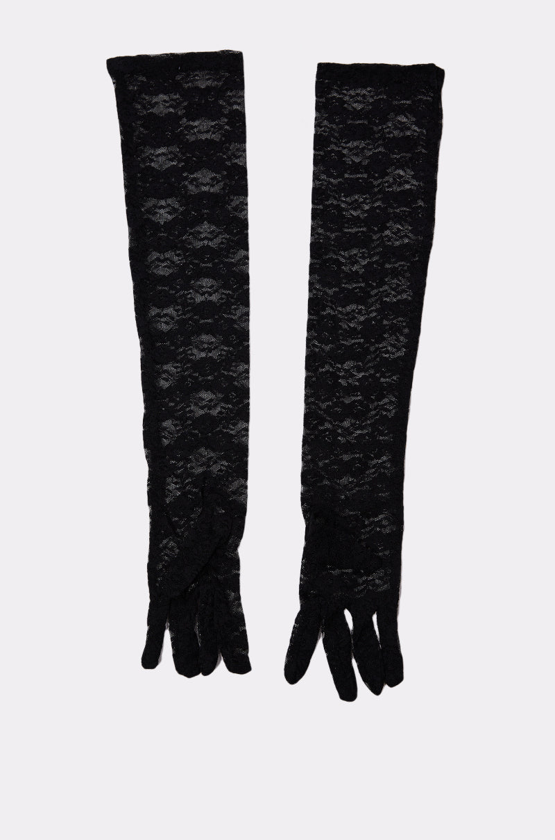 UNTIL THE MORNING LACE GLOVES: Sheer black lace upper-arm gloves with a delicate floral pattern, elegantly displayed flat on a light grey background. 3