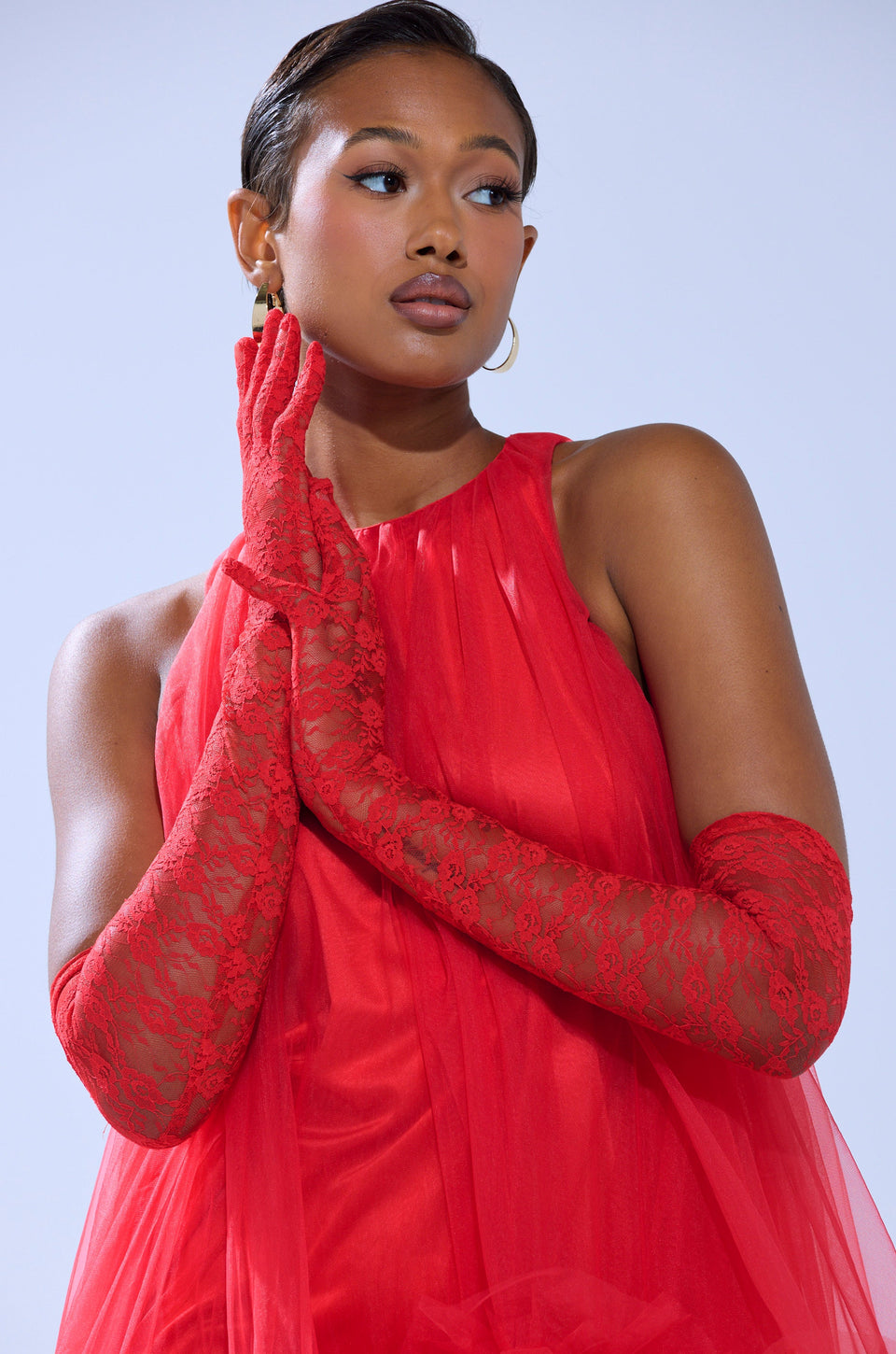 red dress and gloves MISCREANTS Rose Dress With Gloves in Red