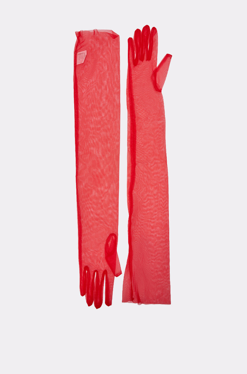 The TRINA MESH GLOVES are sheer red mesh gloves laid flat side by side on a light gray background. These upper-arm length gloves extend above the elbow and have a slightly shiny, textured look. 5