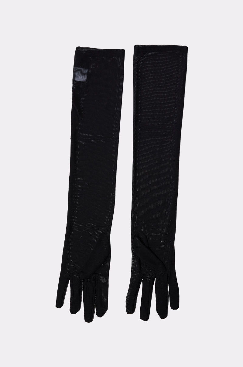 The MESH LONG EVENING GLOVE IN BLACK: a pair of long, black sheer mesh gloves with a subtle sheen, displayed flat side by side on a light gray background.