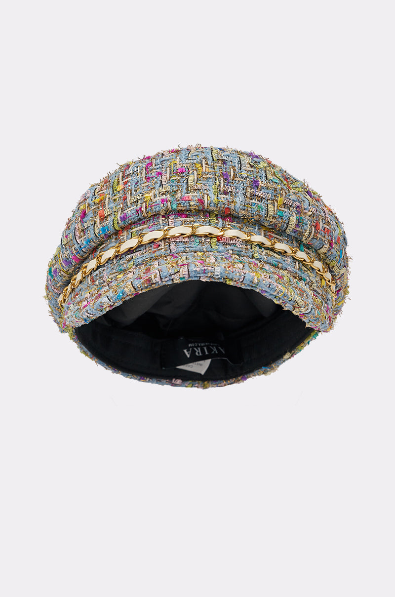 The I HAVE CLASS TWEED BRIM HAT is a chic multicolor newsboy cap featuring a gold chain trim, black inner lining, and a visible brand label. 2