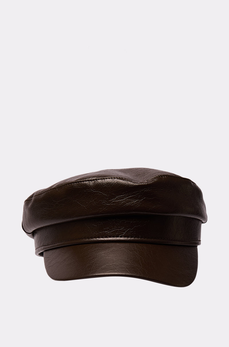 LIKE BUTTER PU BRIM HAT: a brown faux leather baker boy cap with a short, flat PU brim and structured round crown, shown on a plain light background. 2