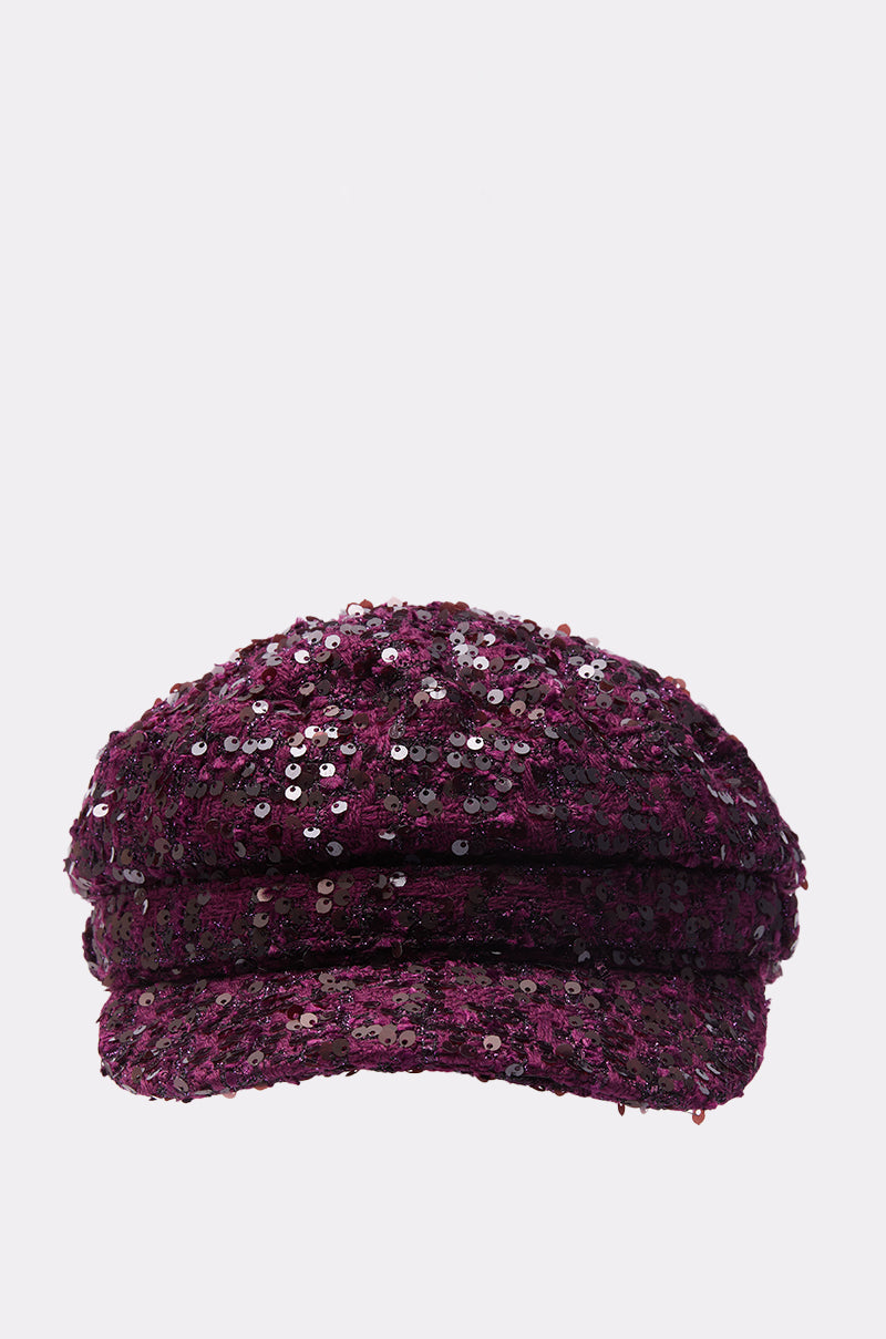 A front view of the KARY TWEED HAT in deep purple, adorned with shiny sequin embellishments, displayed against a plain white background. 3