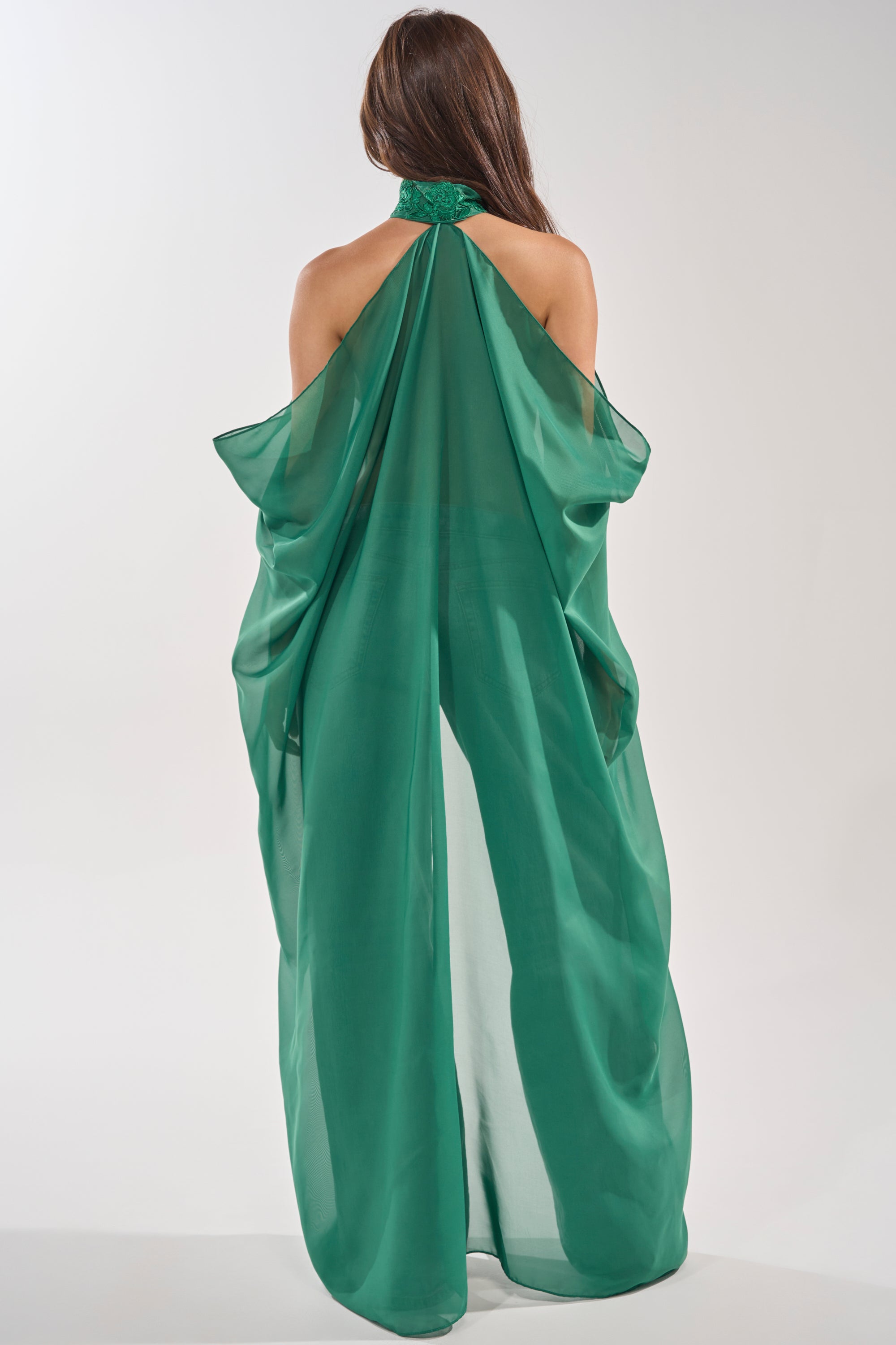 A woman with long brown hair faces away, wearing the MAKE A STATEMENT CAPE IN GREEN—a formal, flowing halter-neck dress with embellished collar and sheer organza cape that catches the light gracefully. 4