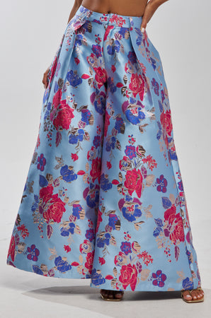 Blue Floral Brocade Wide Leg Palazzo Pants | AKIRA
