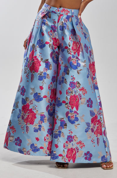Blue Floral Brocade Wide Leg Palazzo Pants | AKIRA