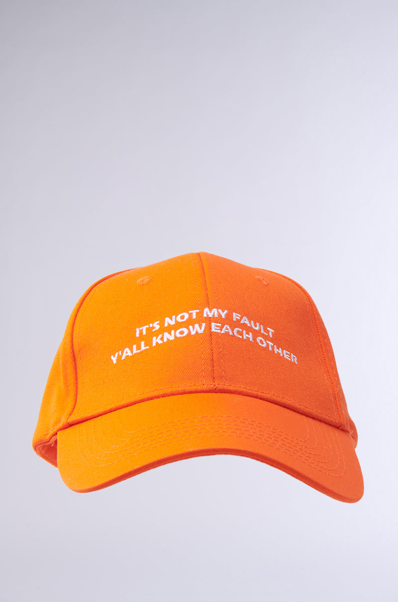The ITS NOT HAT is a bright orange cotton baseball cap with a curved brim and “IT'S NOT MY FAULT Y'ALL KNOW EACH OTHER” embroidered in white on the front. It features an adjustable back strap and is shown against a light background.