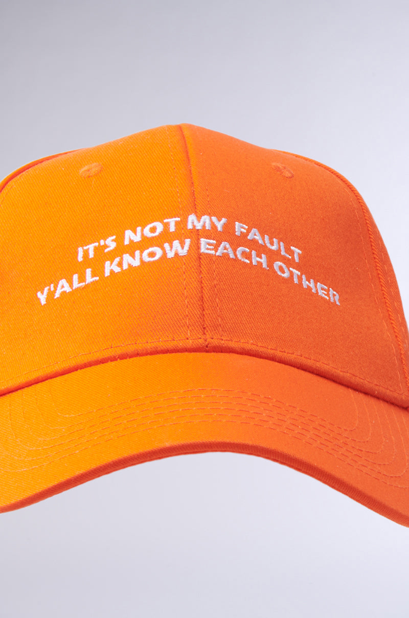 The ITS NOT HAT is an orange cotton baseball cap with white embroidered text, "IT'S NOT MY FAULT Y'ALL KNOW EACH OTHER," a curved brim, and adjustable back strap, shown on a light gray background.