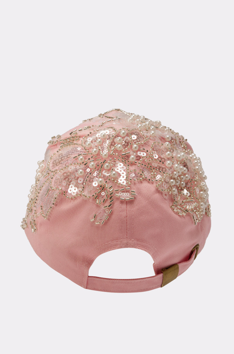 Back view of THE CITY APPLIQUE HAT in baby pink, featuring intricate beadwork, sequins, floral embroidery, an adjustable strap, and an open back section. 4