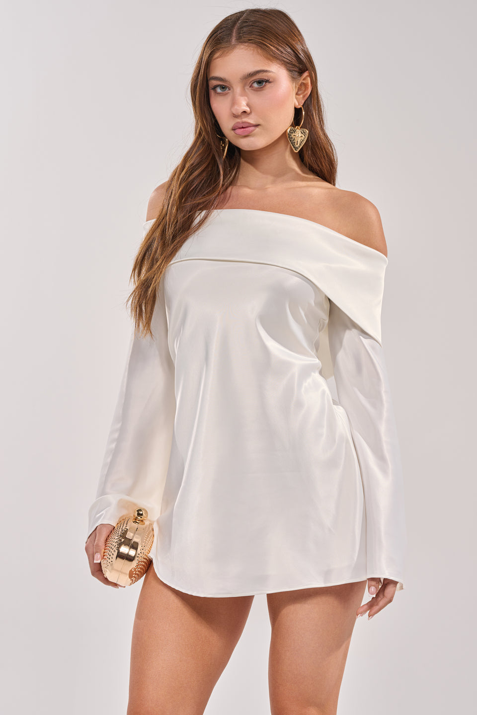 silk long sleeve short dress Silk Nights Long Sleeve Satin Mini Dress Mermaid Way Ivory / M