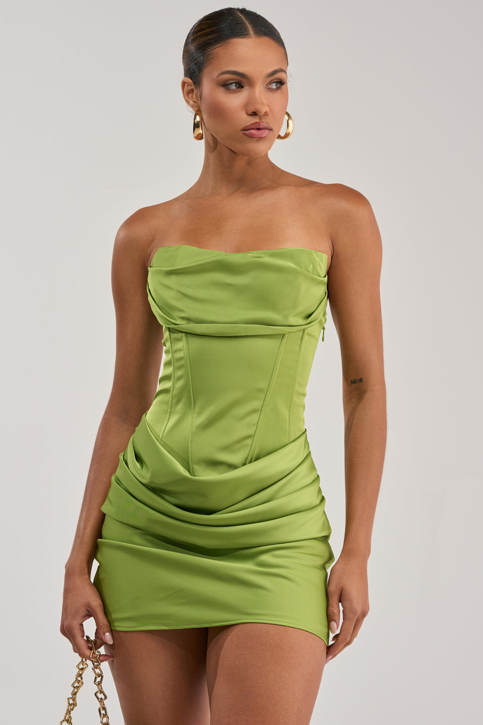 AKIRA No Competition Strapless Satin Mini Dress In Chartreuse