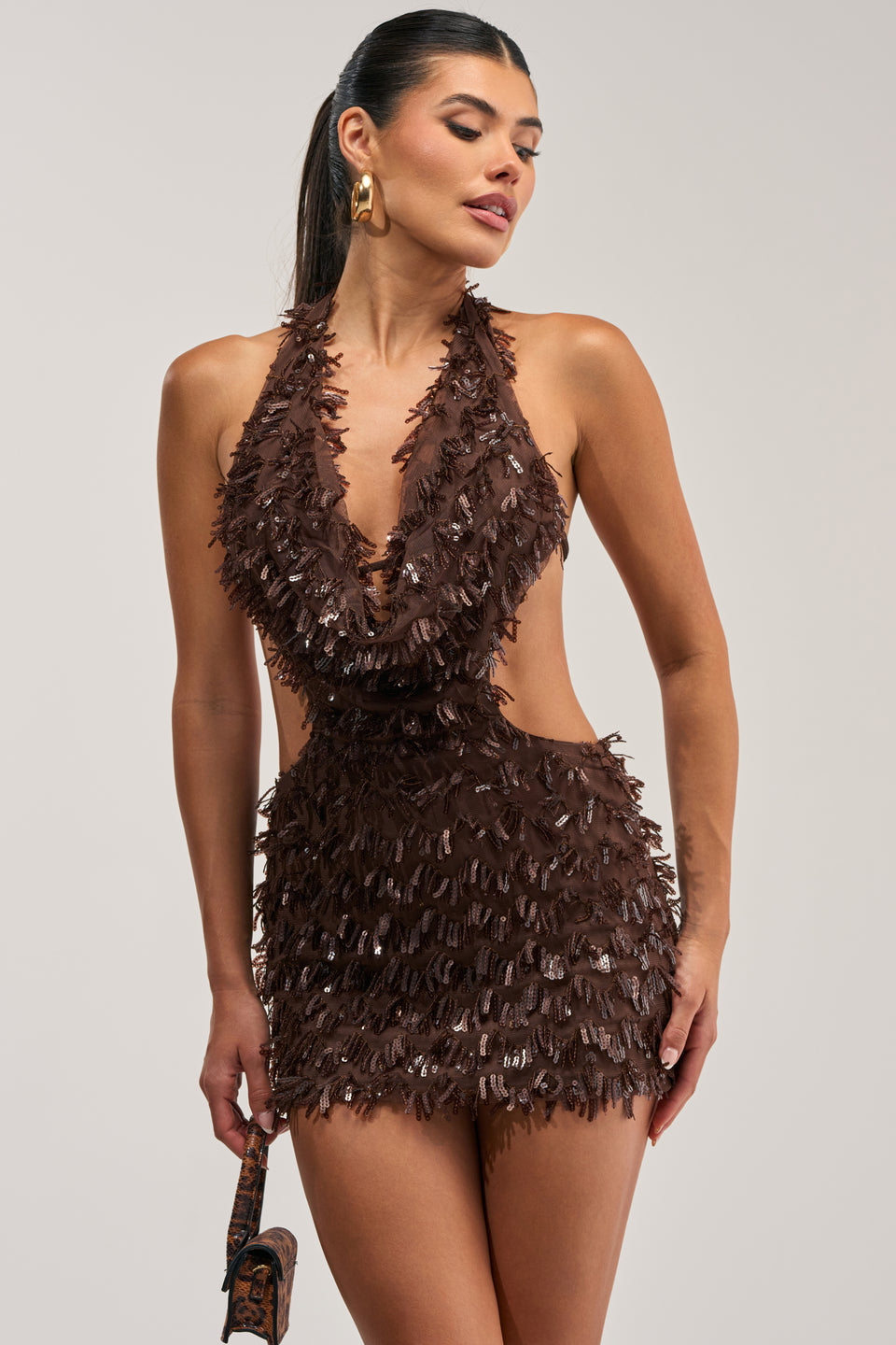 FIRST MOVE EMBELLISHED SEQUIN MINI DRESS IN BROWN – AKIRA