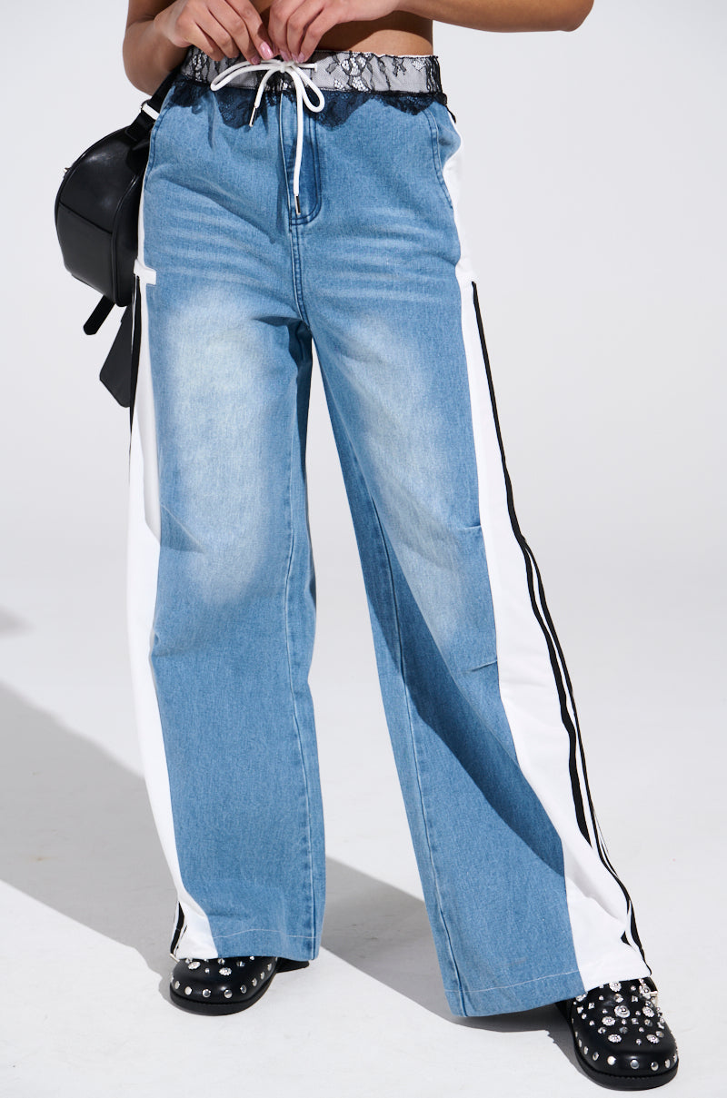 SPORTY AND SWEET LIGHT WASH DENIM TRACK PANTS