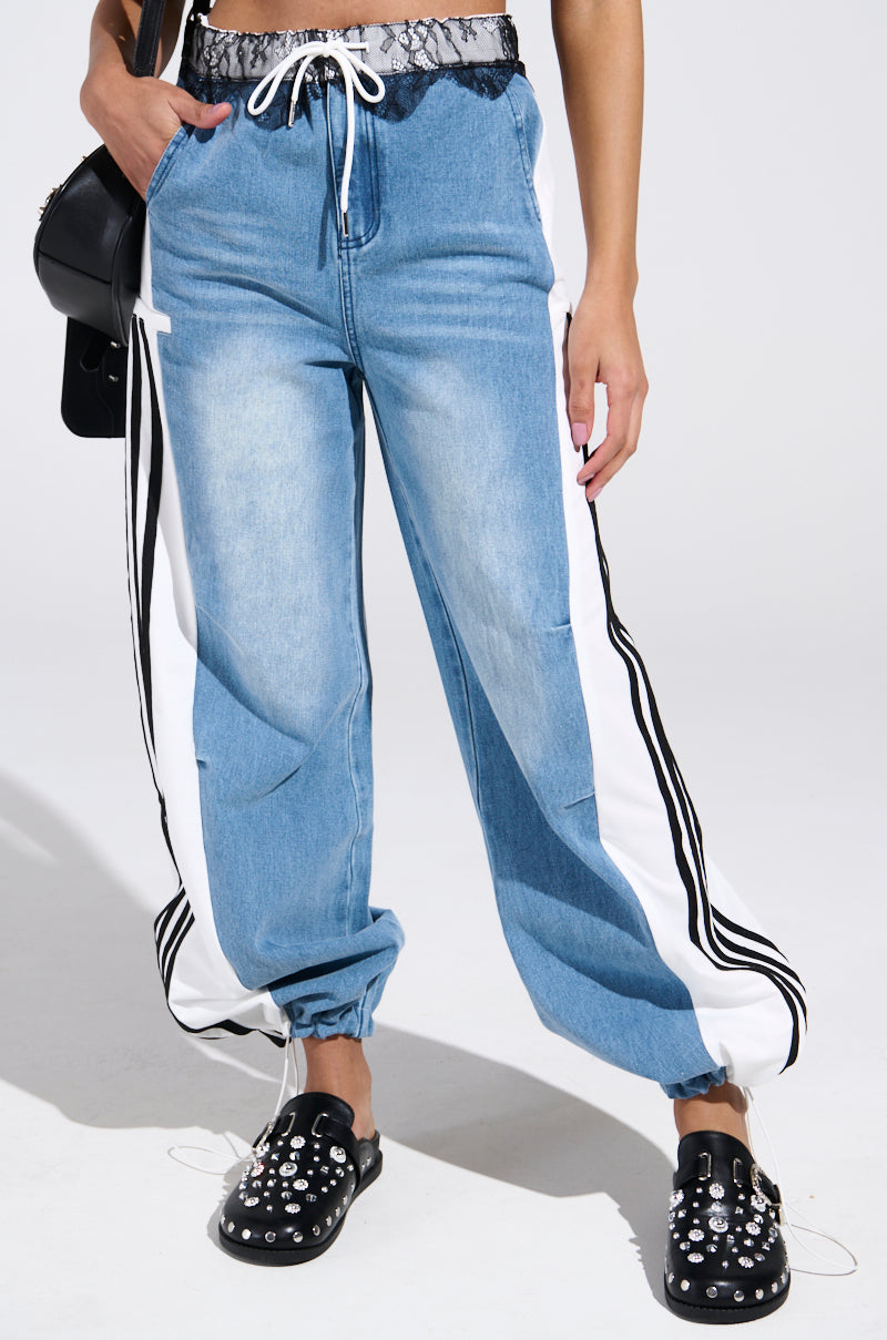 SPORTY AND SWEET LIGHT WASH DENIM TRACK PANTS
