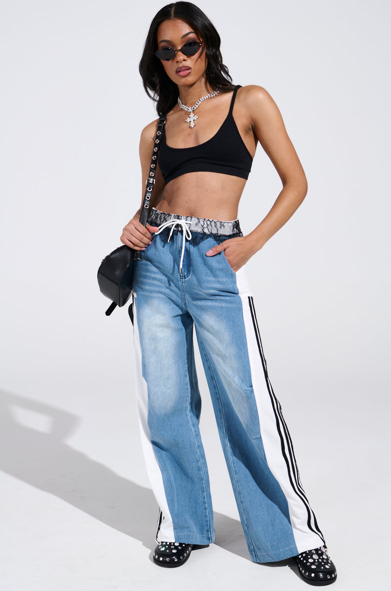 SPORTY AND SWEET LIGHT WASH DENIM TRACK PANTS – AKIRA