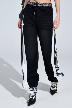 SPORTY AND SWEET BLACK WASH DENIM TRACK PANTS – AKIRA
