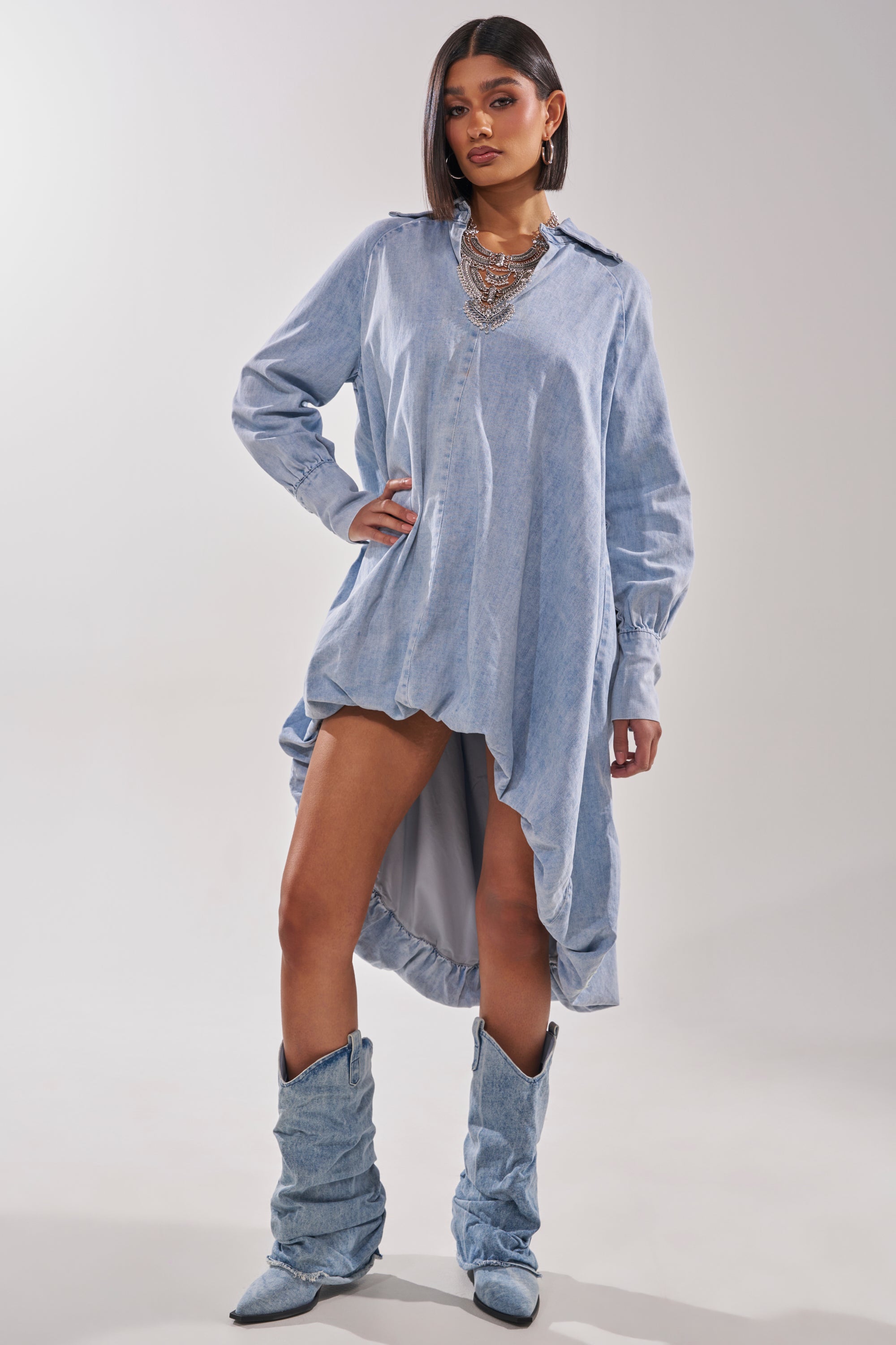 AMELIA DENIM HIGH-LOW DRESS – AKIRA