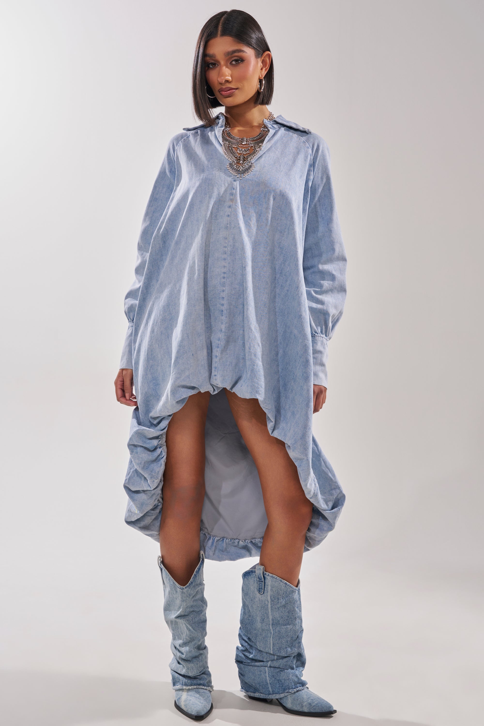 AMELIA DENIM HIGH-LOW DRESS – AKIRA