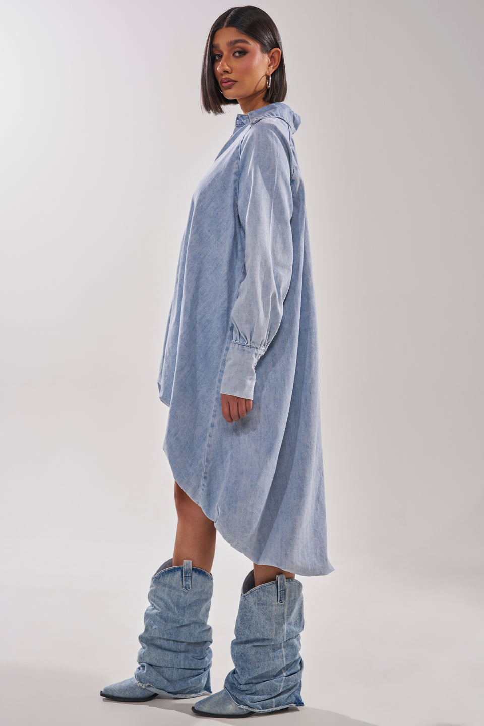hi low denim shirt dress white christmas dresses Denim Tulle Layered High-Low Dress L