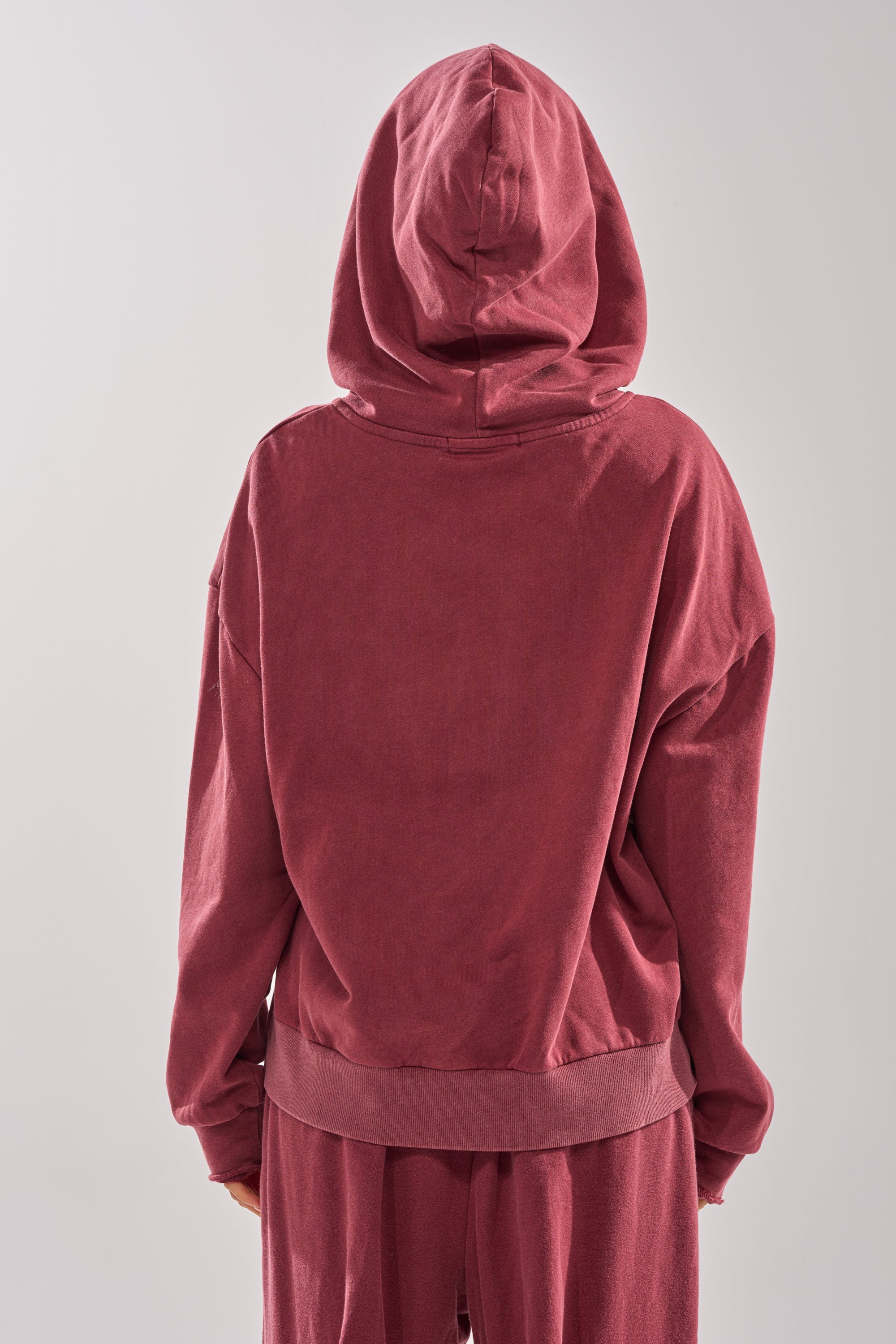 Wearing the LACED UP FOR GOOD SWEATSHIRT IN PLUM, a person stands with their back to the camera against a light background. The oversized hood is up, and their hands rest by their sides.
